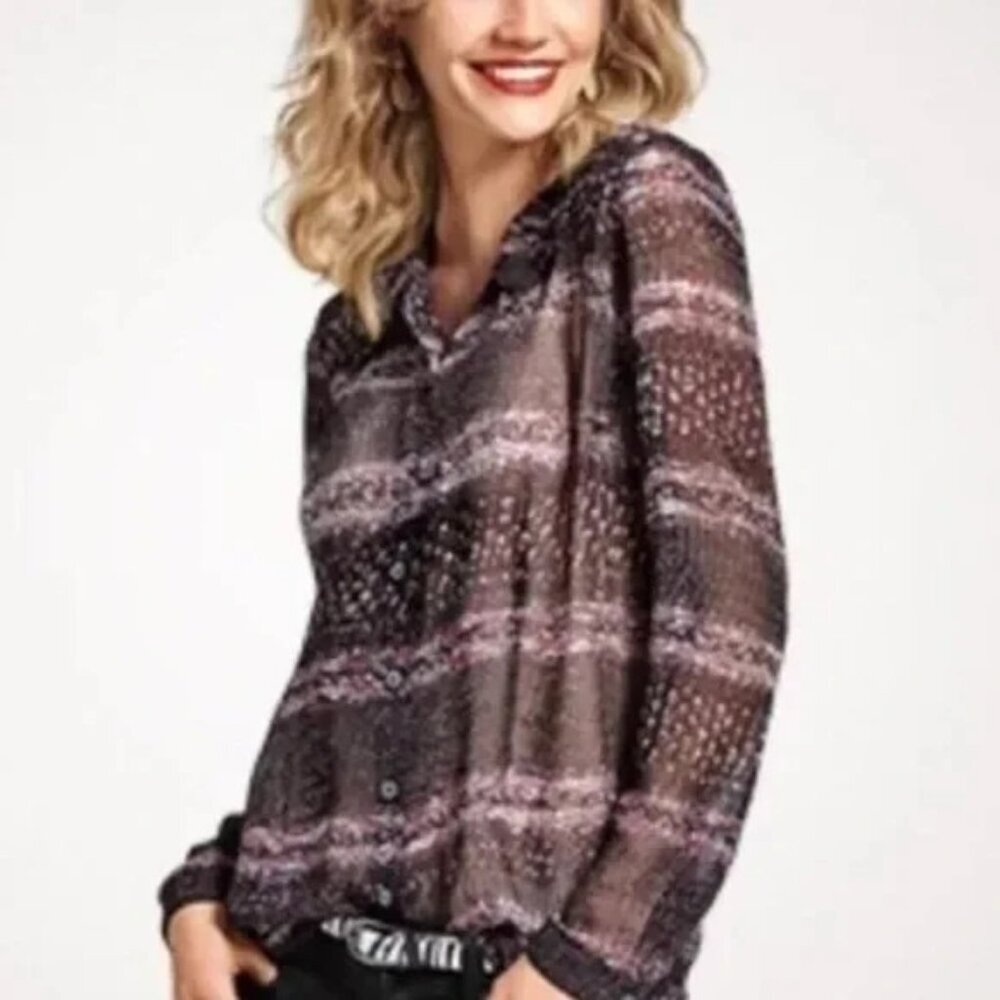 CABI Women Paris Sheer Long Sleeve Blouse 3249 Sz L Black Casual Artsy 3-44